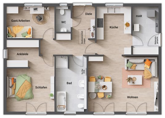 Bungalow 110 mit großem Bad, Gäste-WC, Ankleide und Hauswirtschaftsraum mit Nebeneingang