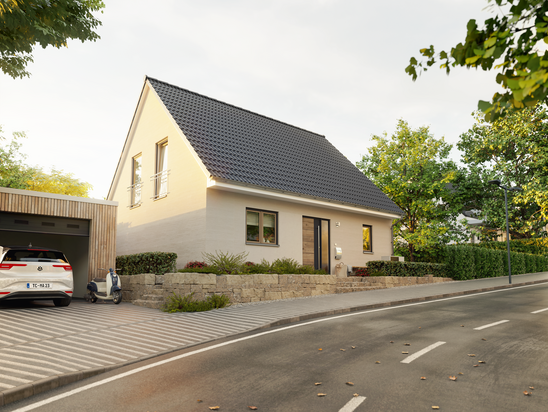 Flair 134 mit Satteldach, Sicht auf das Familienhaus von der Straße.