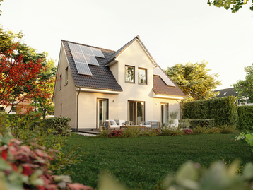 Blick vom Garten auf Flair 134 mit einer umweltfreundlichen PV-Anlage für nachhaltiges Wohnen.